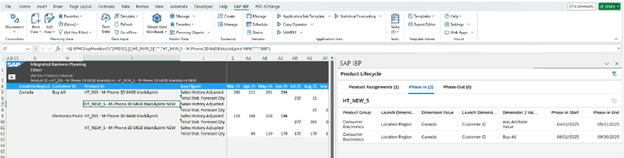 Screenshot showing Product Lifecycle Information in Excel Add-In